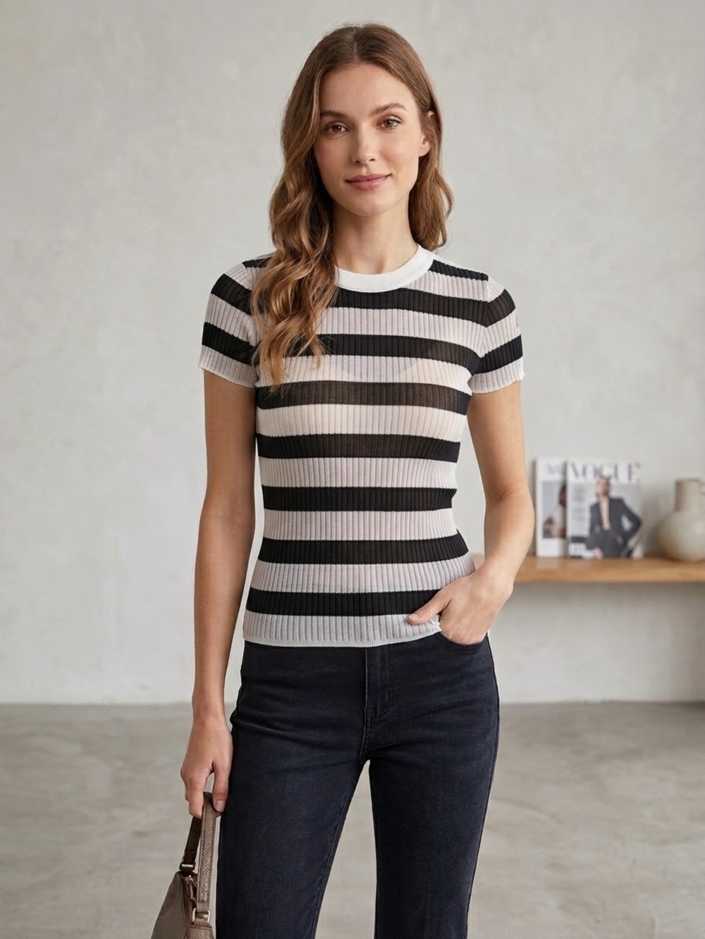 Zara Black and White Striped Ribbed Short-Sleeve Tee Sz S-M